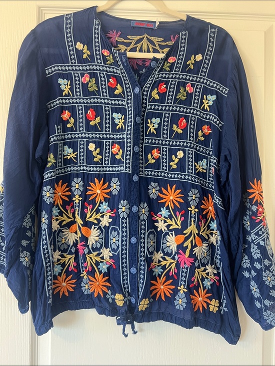 Johnny Was Tops - Like New Johnny Was Royal Blue Embroidered Floral Button-Front Blouse Large